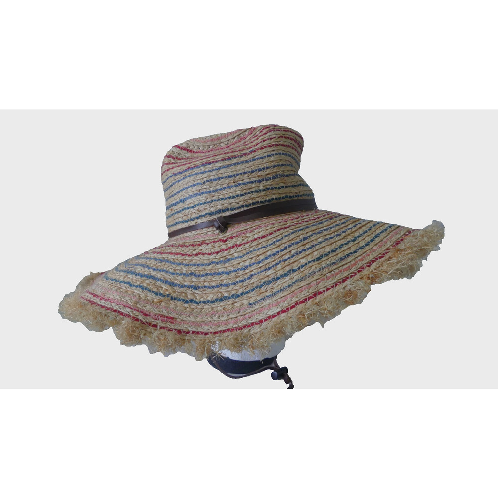 Kate Landry Womens Straw Sun Hat Wide Floppy Frayed Brim Striped Beach Hat